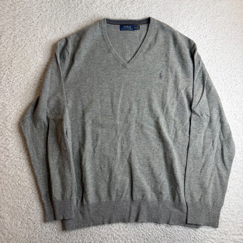 Polo Ralph Lauren Mens XXL Gray V-Neck Pony Logo Knit Sweater Lambs Wool
